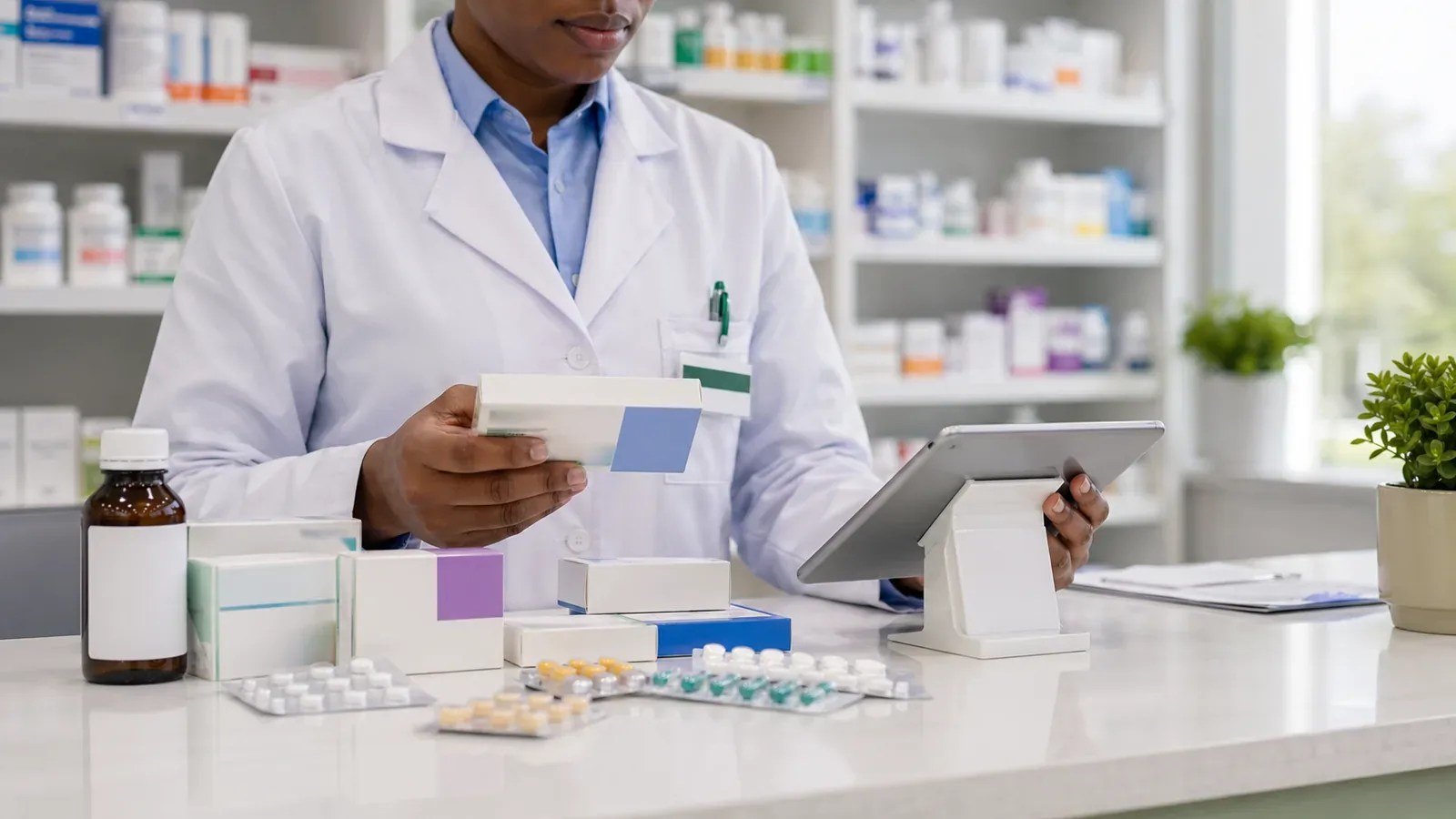 A pharmacist reviews a medicine availability request before confirming stock and price.