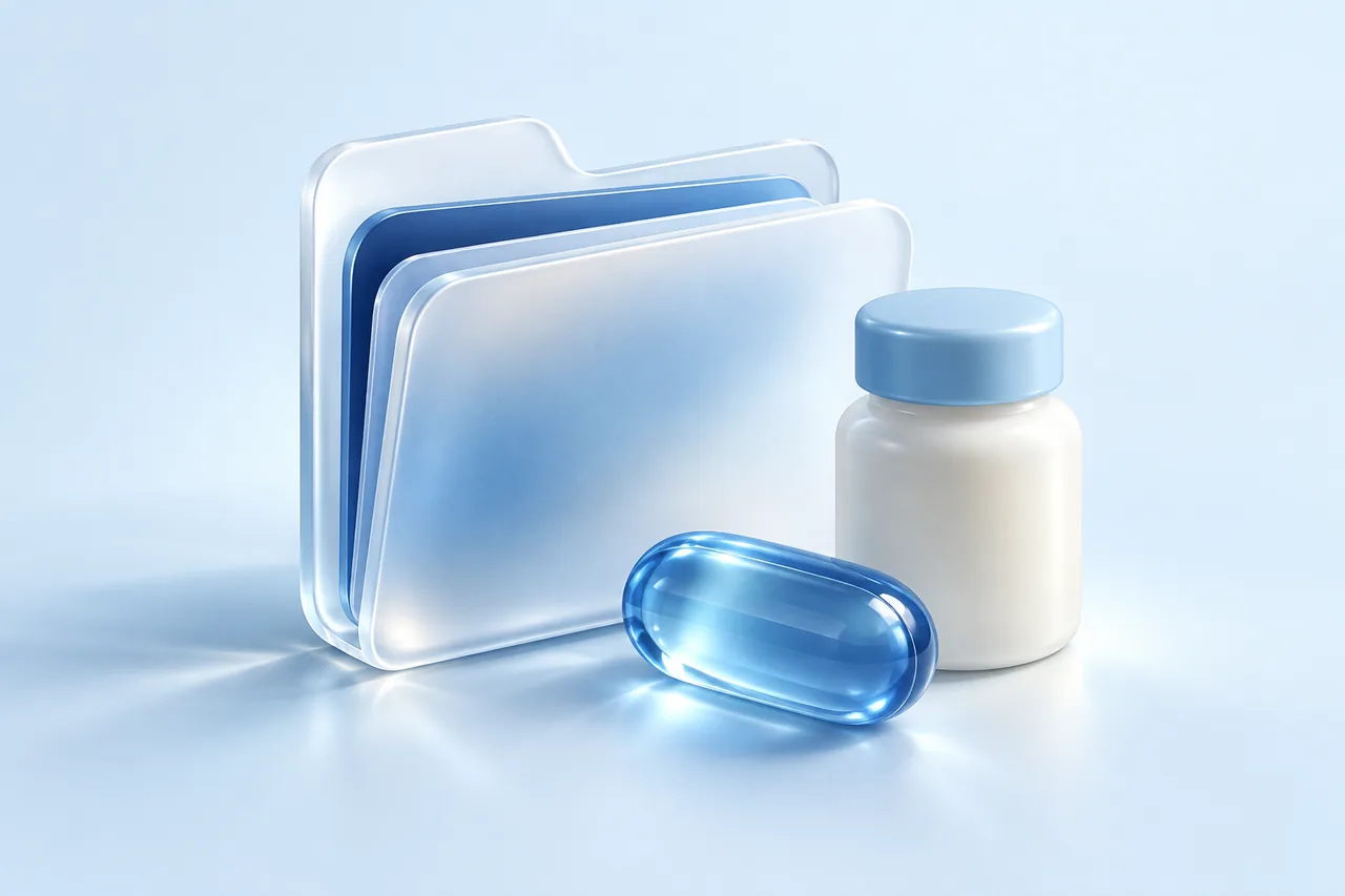Glass illustration of a health record folder and an unlabelled medicine bottle