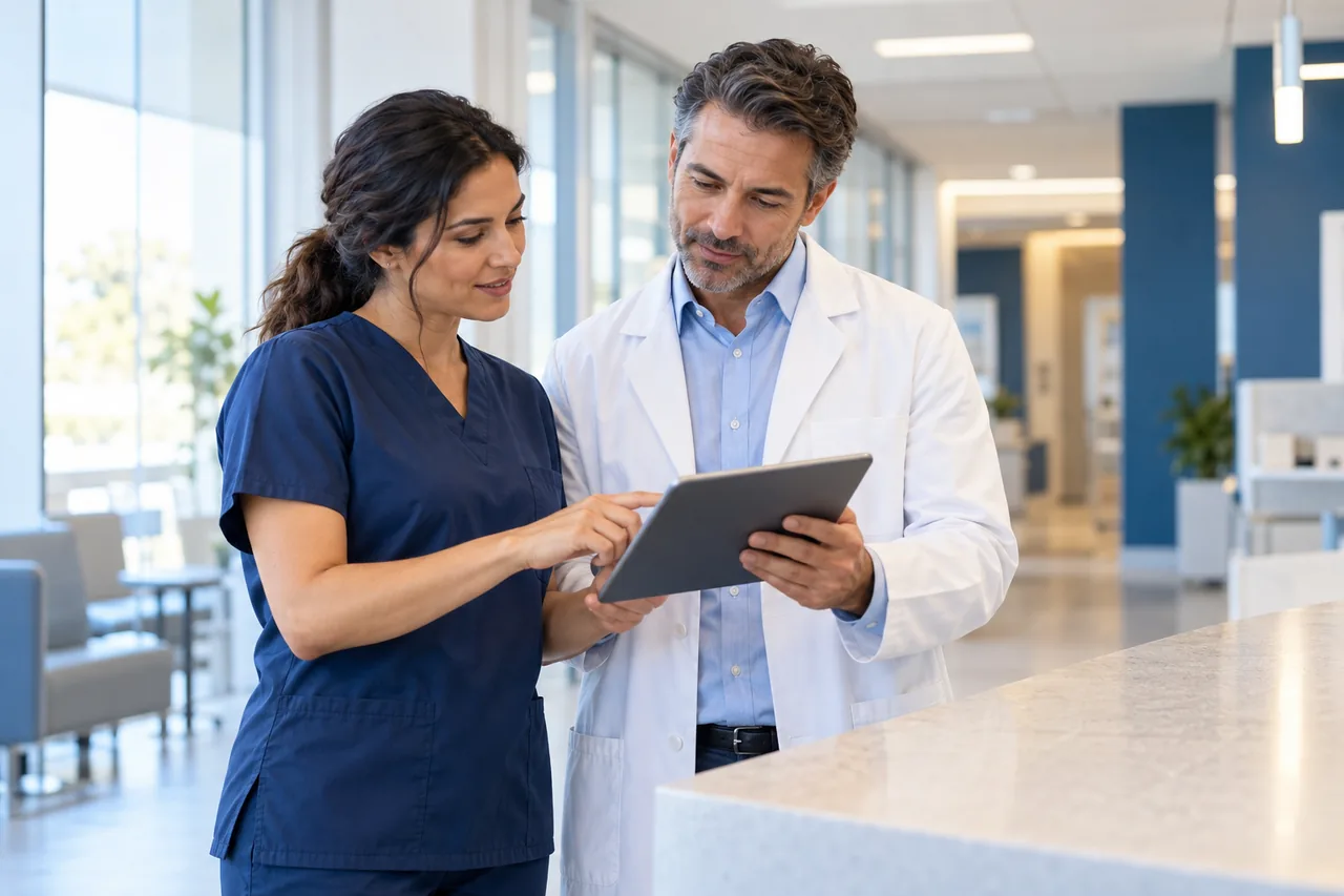 Illustration of a nurse and clinician collaborating over a tablet in a clinic