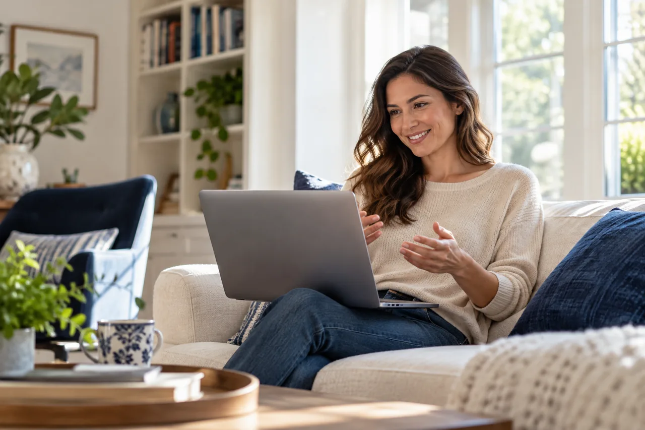 Illustration of a woman having a relaxed virtual care conversation at home