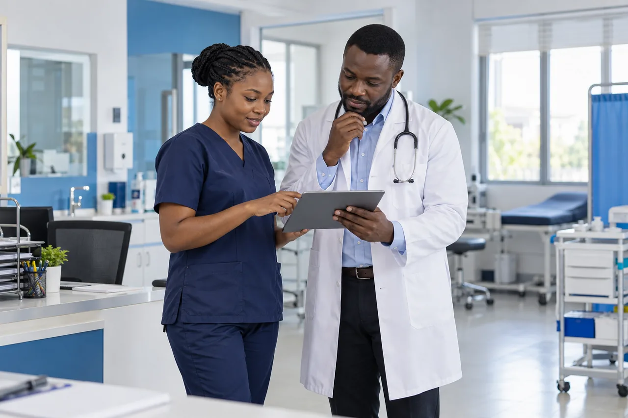 Illustration of a Nigerian nurse and physician collaborating in a primary healthcare clinic