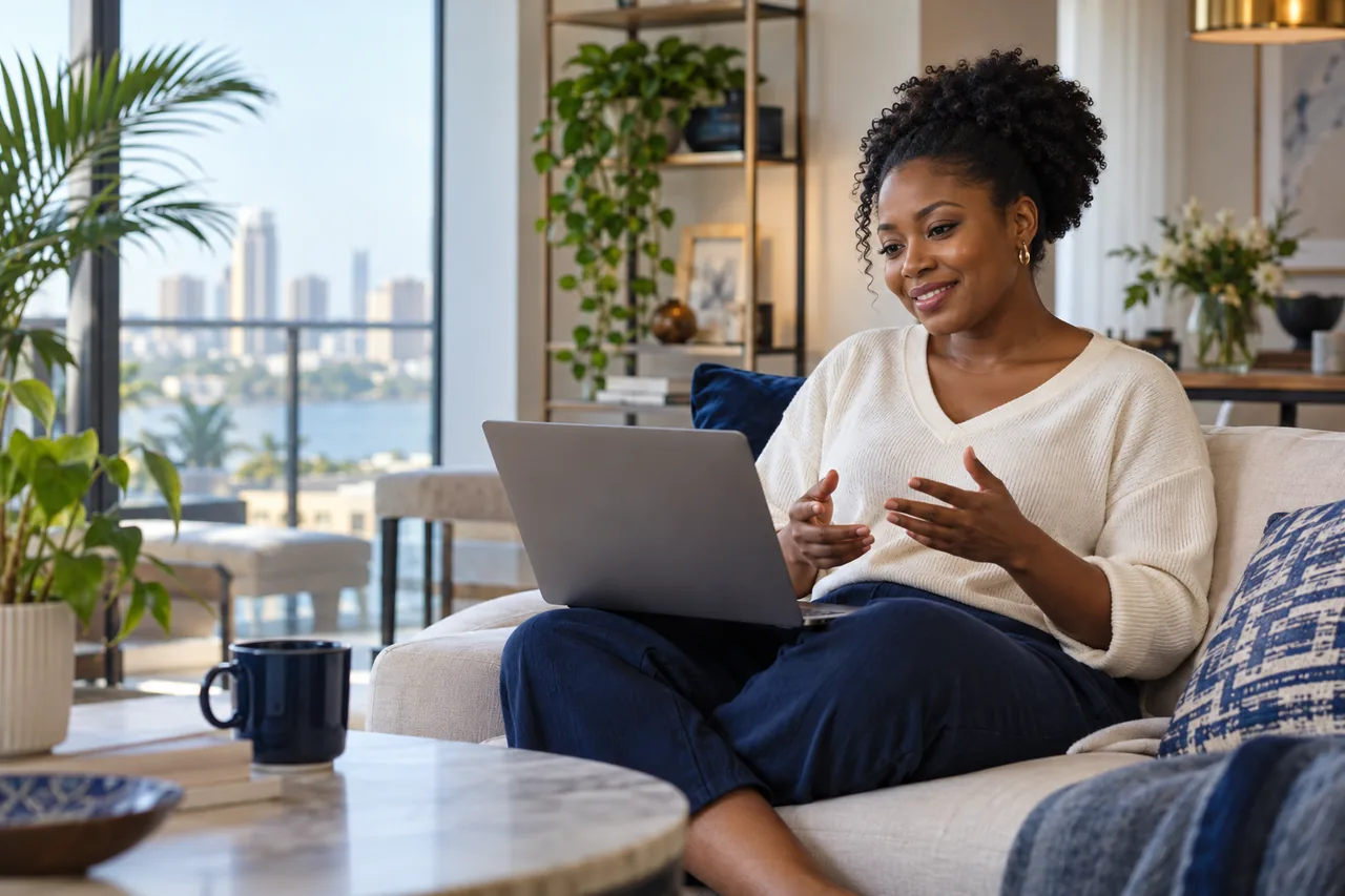 Illustration of a Nigerian woman having a virtual care conversation at home