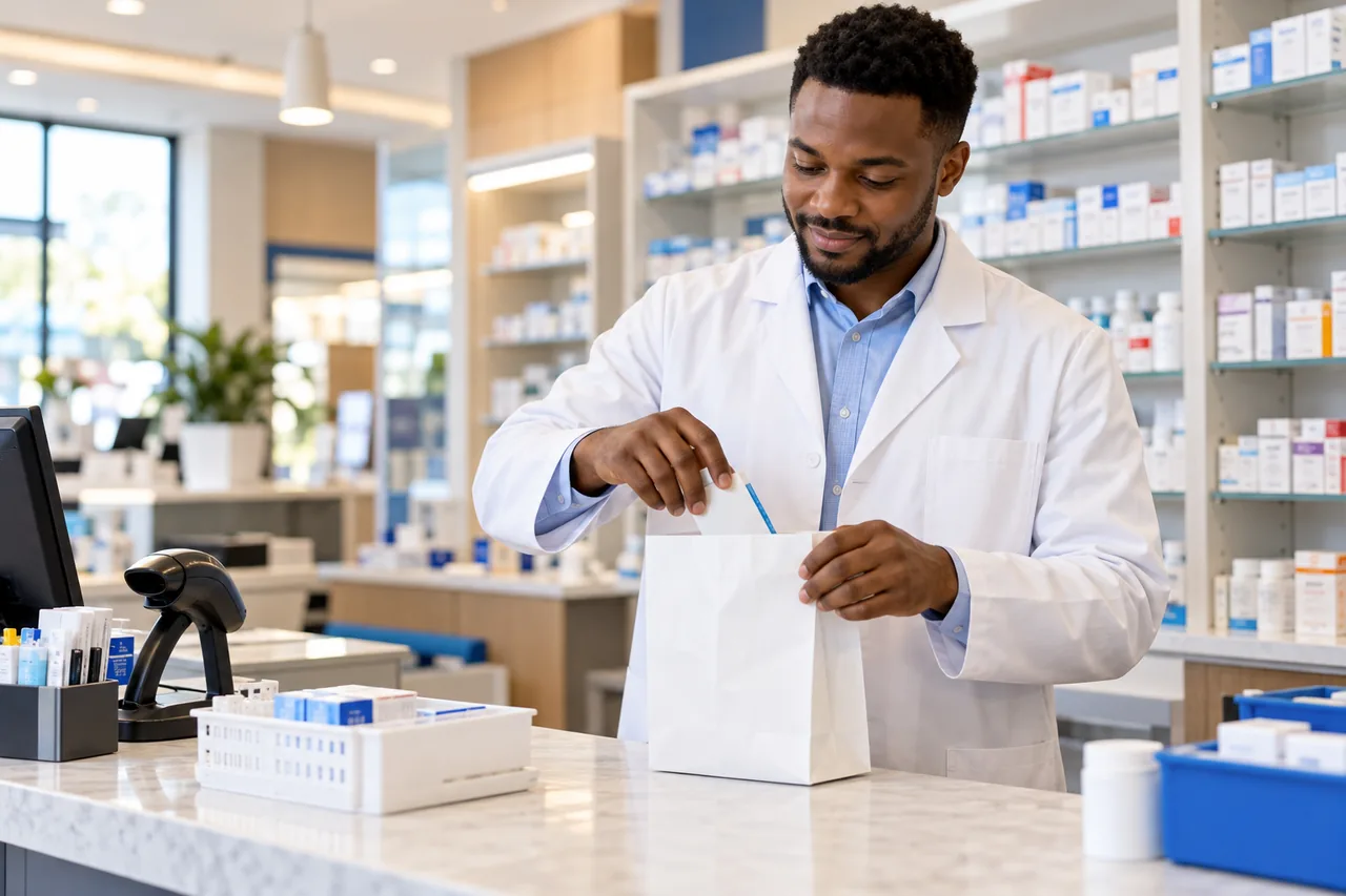 Illustration of a Nigerian pharmacist preparing a medicine bag in a community pharmacy