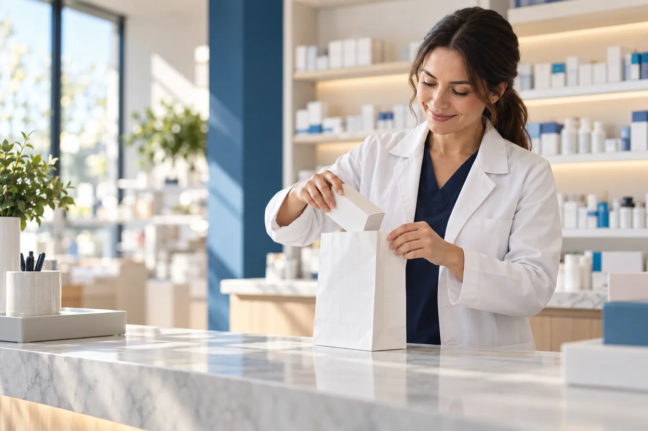 Illustration of a pharmacist preparing a medicine bag in a modern pharmacy