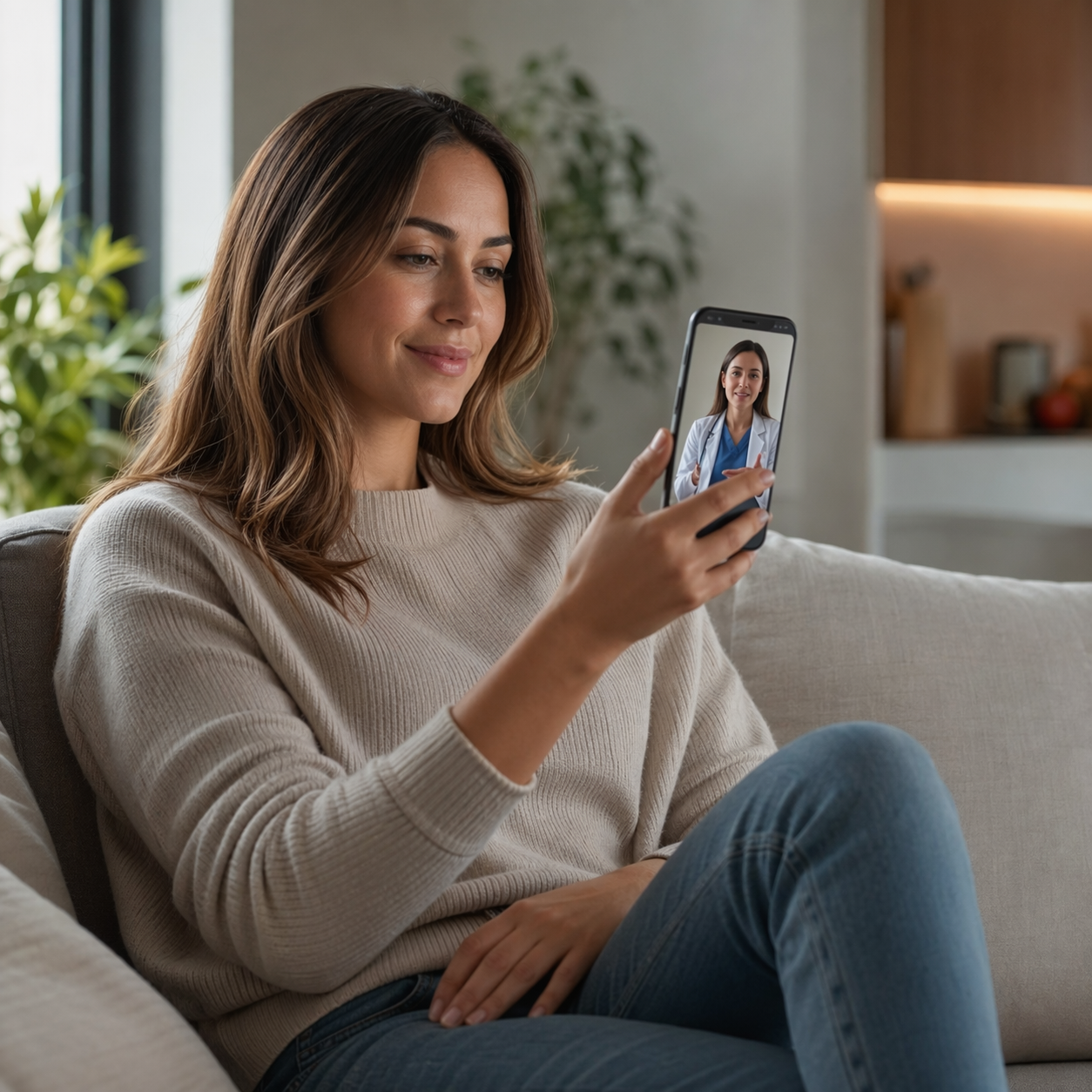 Patient at home holding up a smartphone during a telehealth consultation.